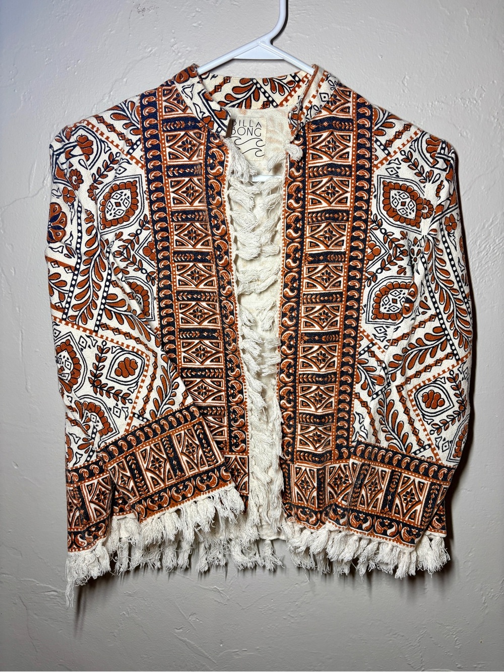 Billabong Sienna Open Front Cardigan Fringe Boho Jacket Geometric Print Pockets